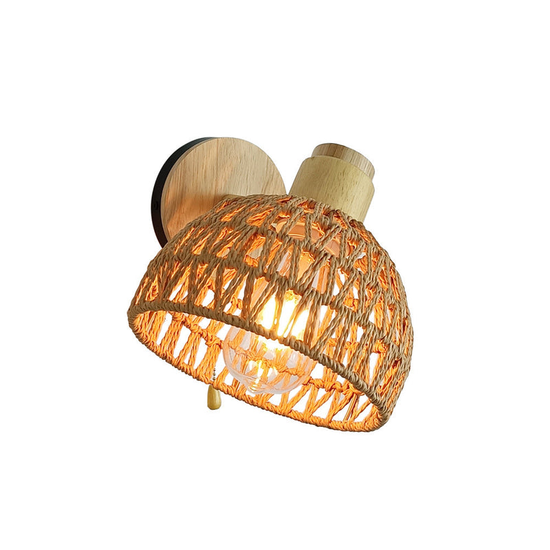 Traditional Farmhouse Paper Rattan Weaving Hollow Out Dome 1-Light Wall Sconce Lamp For Bedroom