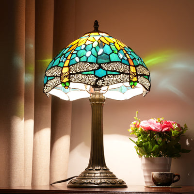 Traditional Tiffany Half Ball Cylinder Disc Base Aluminum Alloy Glass 1-Light Table Lamp For Bedroom