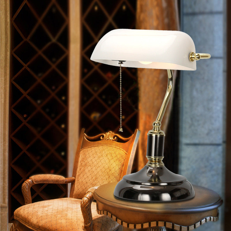 Traditional Vintage Glass Metal Pull Cord Switch 1-Light Bank Table Lamp For Bedroom