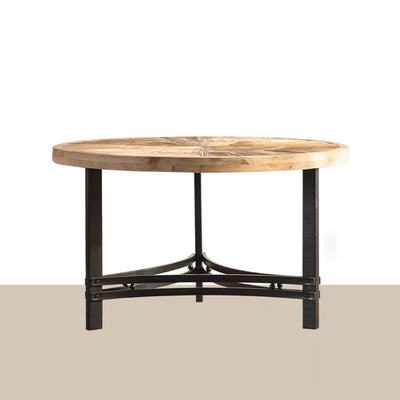 Traditional Japanese Round Wood Iron Coffee Table 1-Tier For Living Room