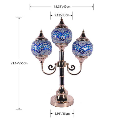 Traditional Rustic Stained Glass Round Shade Sconce 3-Light Table Lamp For Bedroom