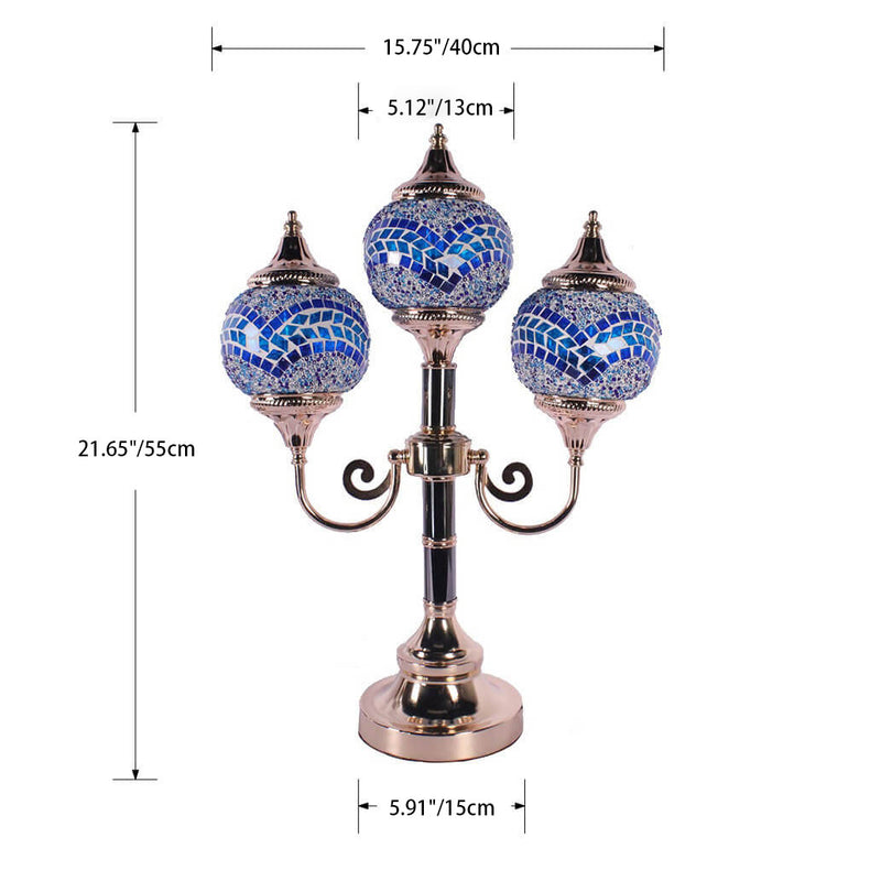 Traditional Rustic Stained Glass Round Shade Sconce 3-Light Table Lamp For Bedroom