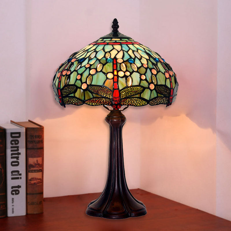 Traditional Tiffany Stained Glass Drum-Shaped Dragonfly 1-Light Table Lamp For Study