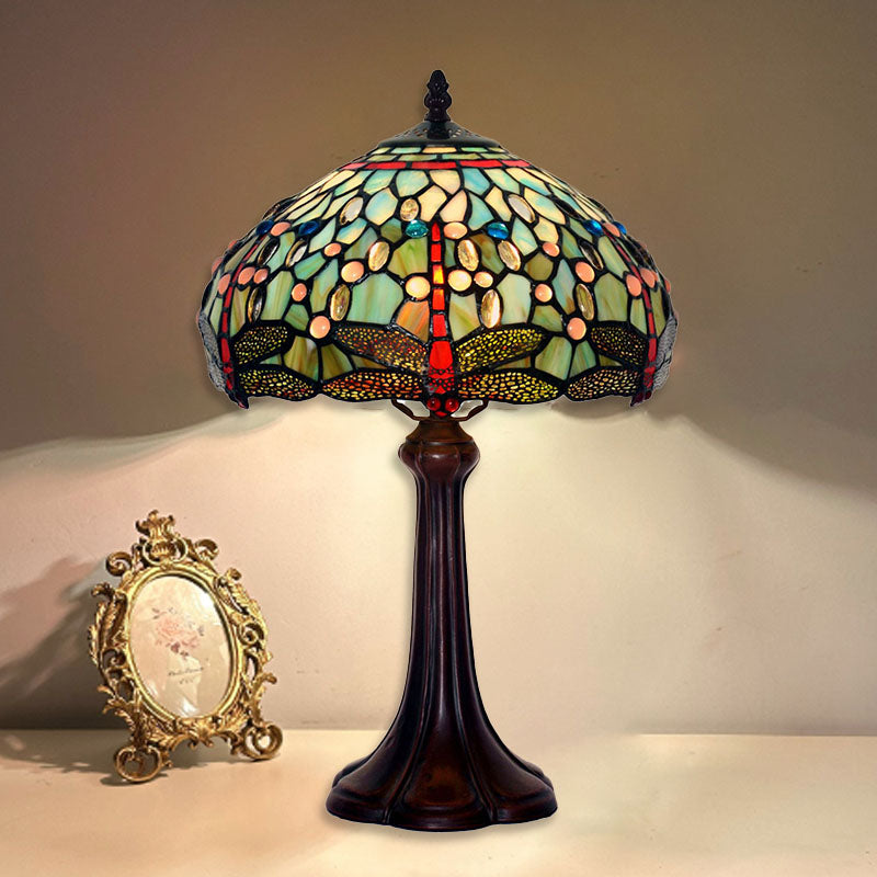 Traditional Tiffany Stained Glass Drum-Shaped Dragonfly 1-Light Table Lamp For Study