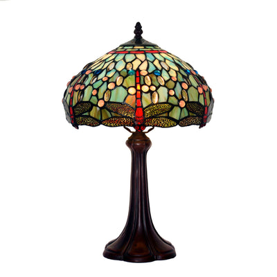 Traditional Tiffany Stained Glass Drum-Shaped Dragonfly 1-Light Table Lamp For Study