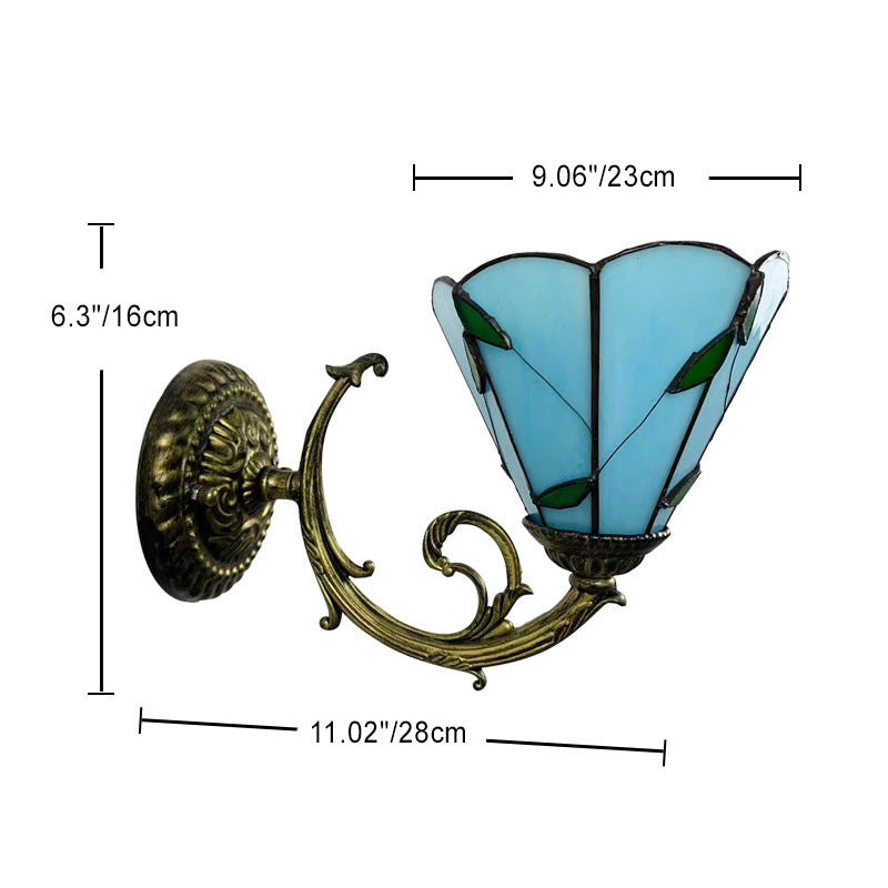 Traditional Tiffany Flower Iron Stained Glass 1-Light Wall Sconce Lamp For Living Room