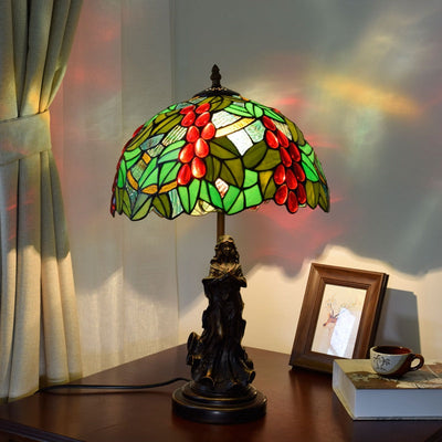 Traditional Tiffany Grape Decor Stained Glass Shade Resin Base 1-Light Table Lamp For Bedroom