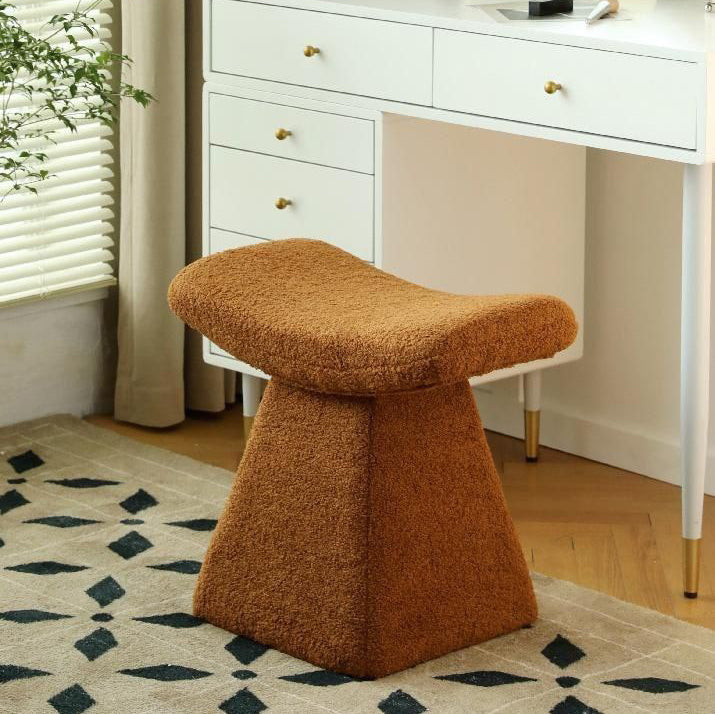 Modern Minimalist Rectangular Trapezoidal Base Wood Lambswool Vanity Stool For Bedroom