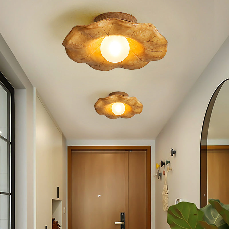 Traditional Vintage Lotus Leaf Resin Fiber Glass 1-Light Semi-Flush Mount Ceiling Light For Bedroom