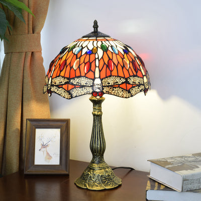 Traditional Tiffany Round Dome Dragonfly Aluminum Stained Glass 1-Light Table Lamp For Bedroom