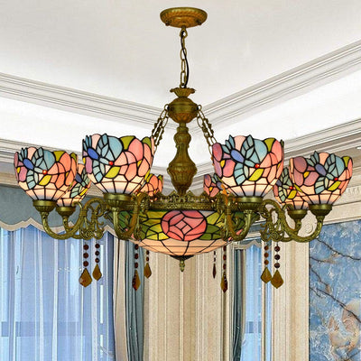 Traditional Tiffany Flower Dome Iron Glass Alloy 8/11 Light Chandeliers For Living Room