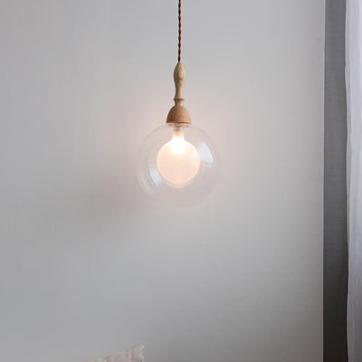 Traditional Japanese Orb Wood Glass 1-Light Pendant Light For Living Room