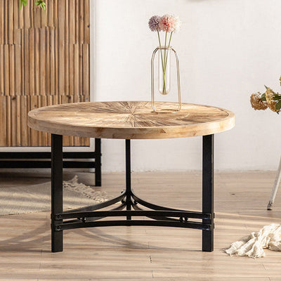 Traditional Japanese Round Wood Iron Coffee Table 1-Tier For Living Room