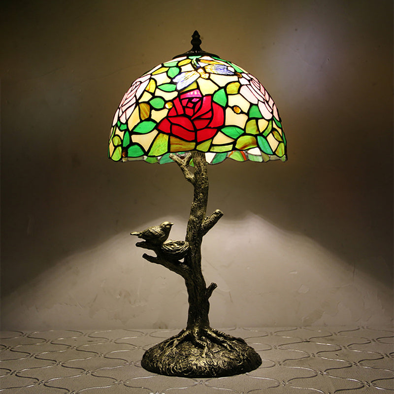 Traditional Tiffany Dome Flower Hardware Stained Glass 1-Light Table Lamp For Bedroom