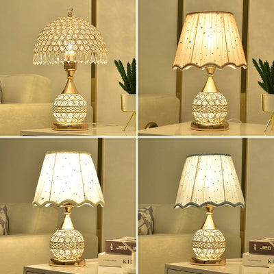 Contemporary Luxury Fabric Shade Crystal Ball Iron Base 1-Light Table Lamp For Home Office