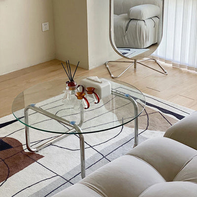 Modern Minimalist Round Glass Steel Tube Base Coffee Table For Living Room