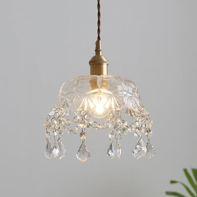 Contemporary Nordic Round Carved Brass Glass Crystal 1-Light Pendant Light For Living Room