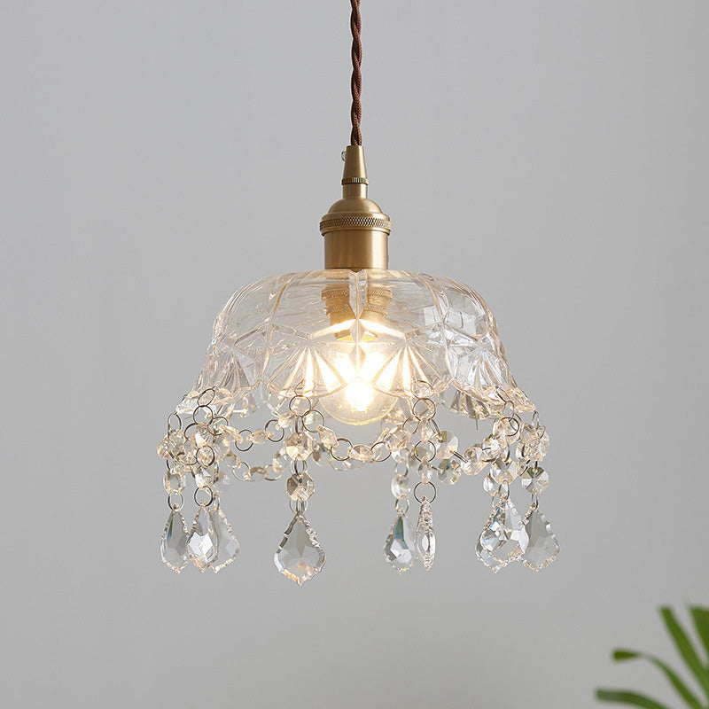 Contemporary Nordic Round Carved Brass Glass Crystal 1-Light Pendant Light For Living Room