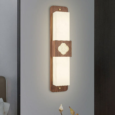 Traditional Chinese Brass Walnut Acrylic Rectangular Cloud LED Wall Sconce Lamp For Bedside