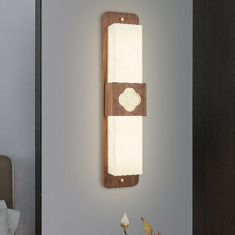 Traditional Chinese Brass Walnut Acrylic Rectangular Cloud LED Wall Sconce Lamp For Bedside