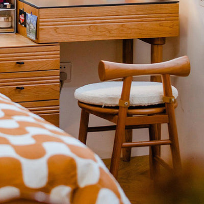 Tabouret de coiffeuse rond en bois et laine d'agneau de simplicité moderne avec dossier et repose-pieds pour chambre 