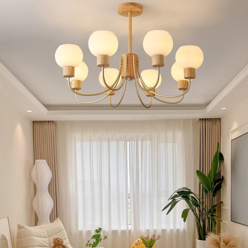 Modern Minimalist Branch Round Solid Wood Glass Hardware 6/8 Light Chandelier For Living Room