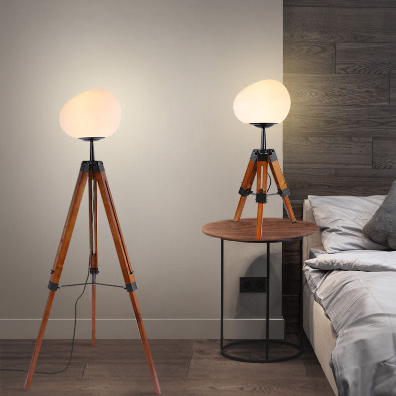 Contemporary Retro PE Round Shade Adjustable Wood Tripod Stand 1-Light Standing Floor Lamp For Bedroom