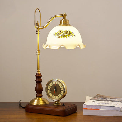 Traditional Retro Floral Solid Wood Copper Glass 1-Light Table Lamp For Bedroom