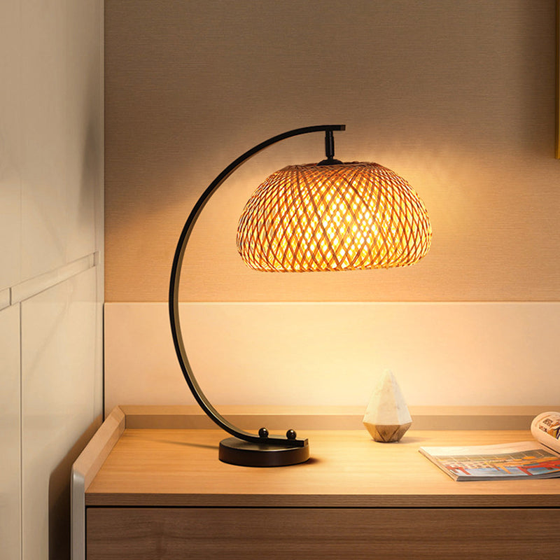 Traditional Chinese Curved Pole Round Mesh Shade Iron Bamboo 1-Light Table Lamp For Bedroom