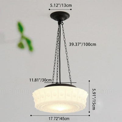 French Vintage White Jade Glass Stripes Round Drum LED Semi-Flush Mount Ceiling Light