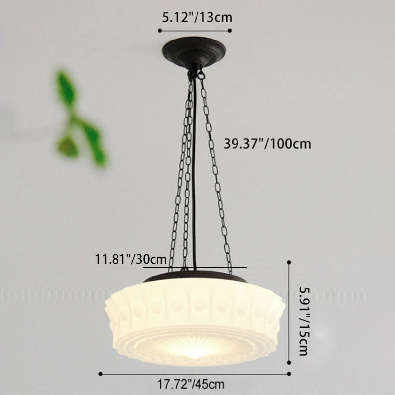 French Vintage White Jade Glass Stripes Round Drum LED Semi-Flush Mount Ceiling Light