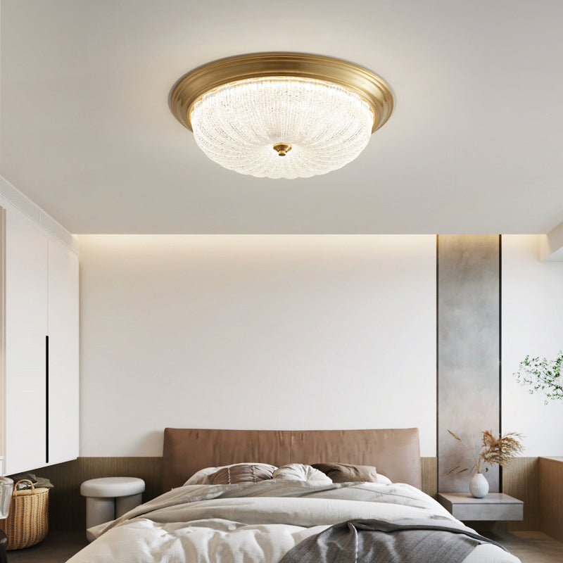 Contemporary Nordic Round Strip Crystal Glass Copper LED Flush Mount Ceiling Light For Bedroom