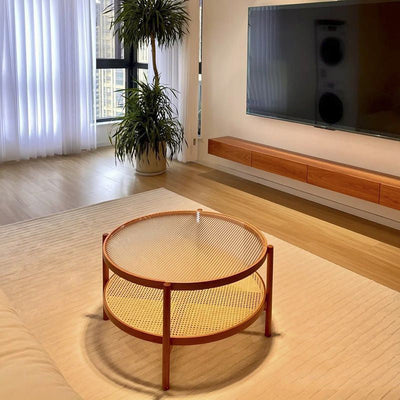 Modern Minimalist Round Horizontal Strip Glass Rattan Wooden Coffee Table 2-Tier For Living Room