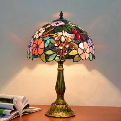 Traditional Tiffany Aluminum Alloy Glass Dome Grape Flower 1-Light Table Lamp For Bedside