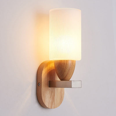 Contemporary Scandinavian Cylinder Round Chassis Acrylic Wood 1-Light Wall Sconce Lamp For Bedroom