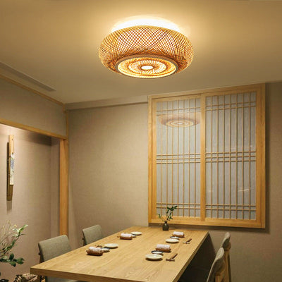 Traditional Vintage Round Skeleton Bamboo PVC 1-Light Flush Mount Ceiling Light For Living Room