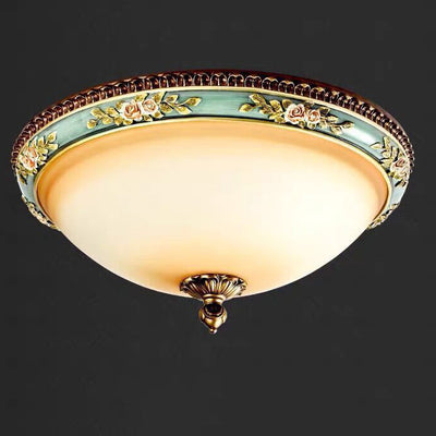 Traditional European Engraved Resin Frame Glass Dome Shade 2-Light Flush Mount Ceiling Light For Living Room