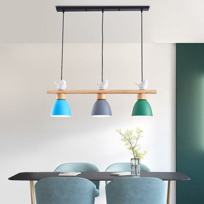 Contemporary Scandinavian Round Bird Iron Wood Resin 3-Light Island Light Chandelier For Dining Room