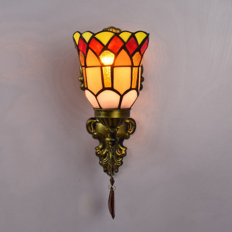 Traditional Tiffany Flower Iron Crystal Stained Glass 1-Light Wall Sconce Lamp For Living Room