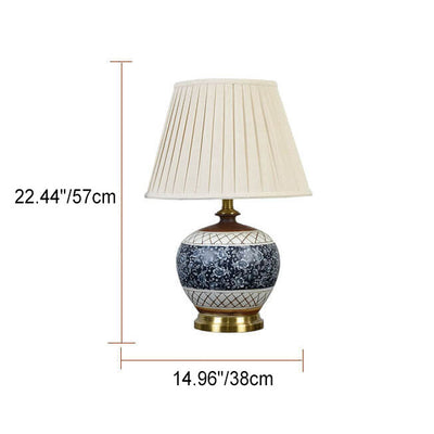 Vintage Chinese Round Ceramic Print Pleated Lampshade 1-Light Table Lamp