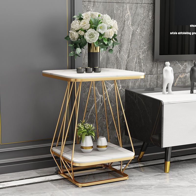 Contemporary Nordic Square Geometric Slab Iron End Table 2-Tier For Living Room