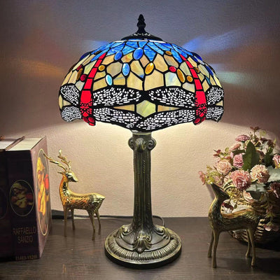 Traditional Tiffany Metal Hardware Glass Semicircular Dragonfly Flower Water Drop 1-Light Table Lamp For Bedroom