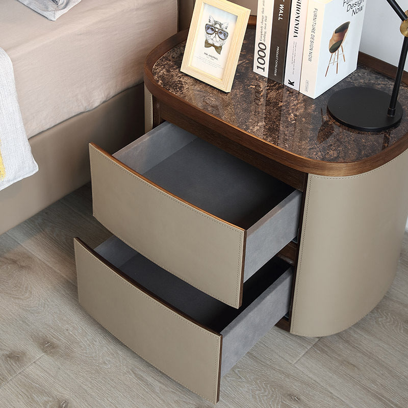 Modern Minimalist Elliptical Slate Saddle Leather Walnut Velvet Nightstand 2-Drawer For Bedside