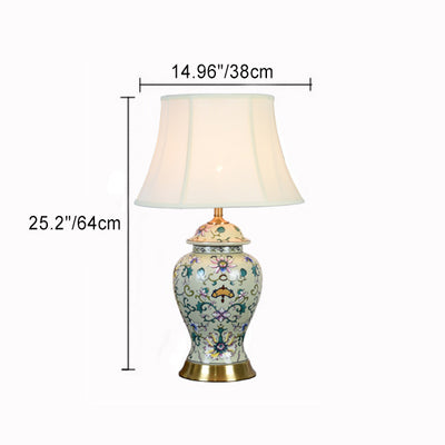 Contemporary Retro Lotus Leaves Pattern Ceramic Linen 1-Light Table Lamp For Bedroom