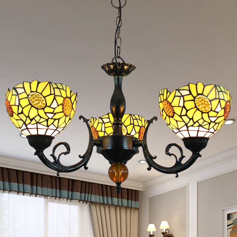 Traditional Tiffany Pastoral Yellow Sun Flower Pattern Stained Glass 3-Light Chandelier For Dining Room