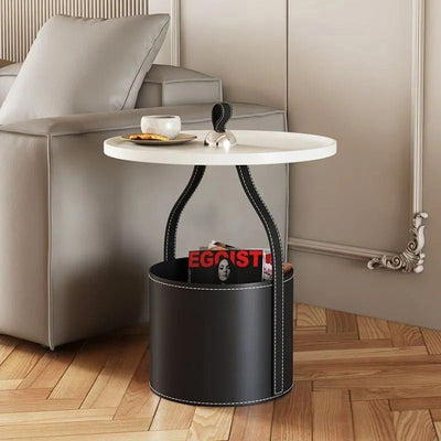 Contemporary Creative Round Barrel Leather Stainless Steel Coffee Table Tote For Living Room