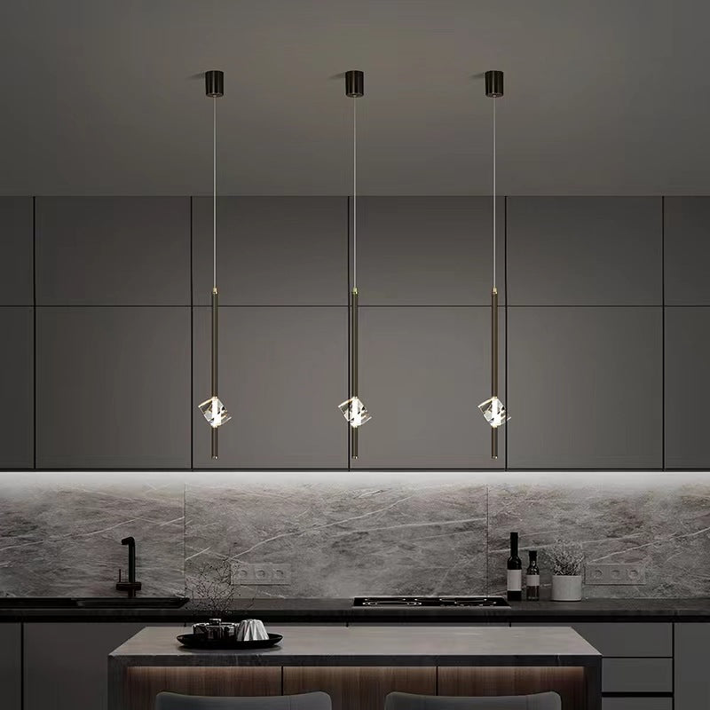 Contemporary Luxury Brass Strip Dazzling Crystal Stone LED Pendant Light For Living Room