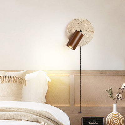 Modern Mid-Century Round Cylinder Solid Wood Beige Travertine 1-Light Wall Sconce Lamp For Bedroom