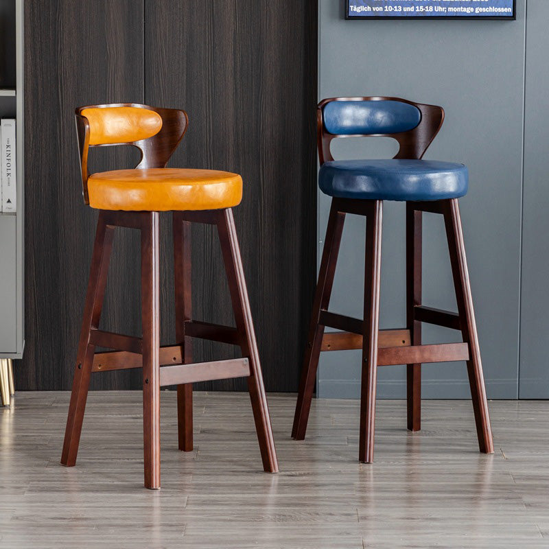 Modern Simplicity Round PU Leather Wood Bar Stool Low Back Footrest For Dining Room