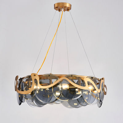 Contemporary Luxury Gold Finish Frame Cloud Texture Glass Disc 8/10-Light Chandelier For Living Room